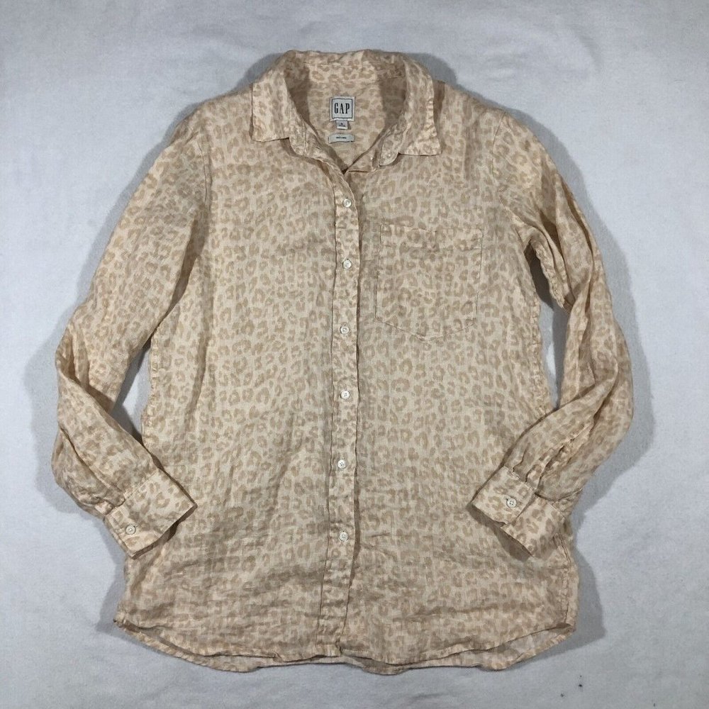 Gap Top Womens Small 100% Linen Leopard Print Button Front Shirt Tunic Beige Tan